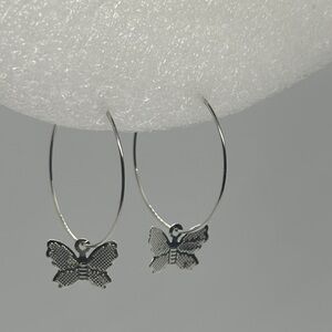 Silver Butterfly Hoop Earrings - 1.5 Inch - Handmade - Minimalist Jewelry